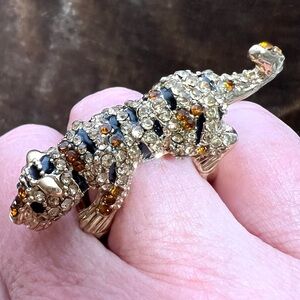 Unique Jeweled Tiger Ring Sz 12 Goldtone Black/Amber Rhinestones Costume Jewelry